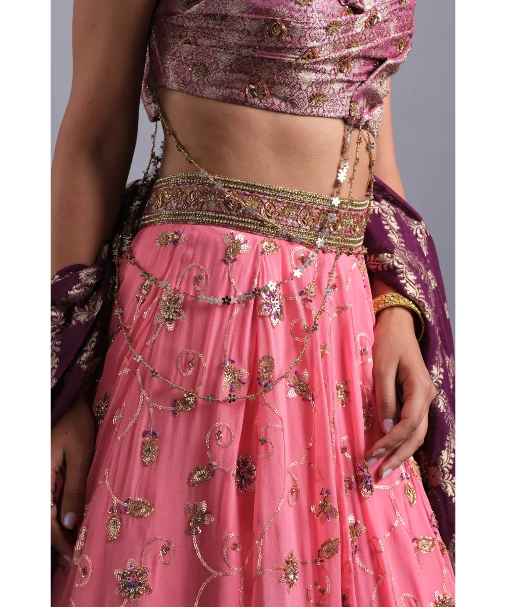 AASTHA SOOD - Bubblegum pink georgette Zardozi Lehenga - Enhanced